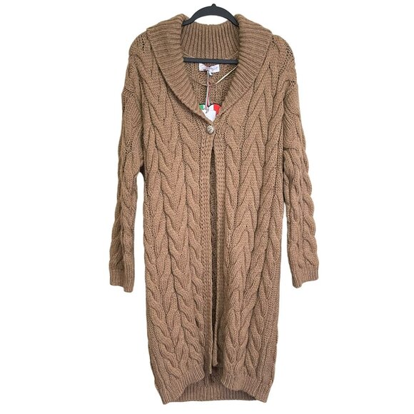 Giovanna Tricot Italian Made Long Tan Cable Knit Shawl Collar Sweater NWT - Picture 1 of 6
